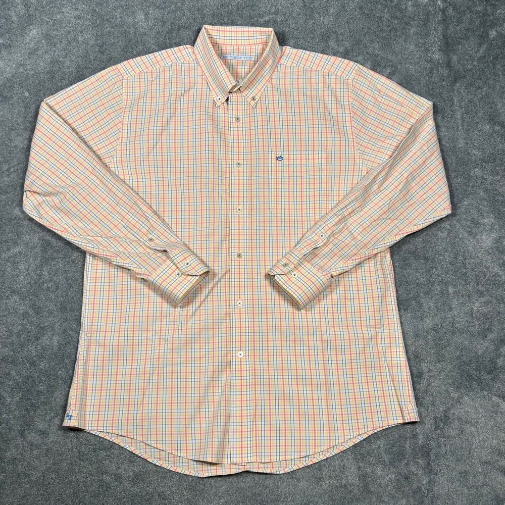 Southern Tide Button Down Shirt Mens Large Tattersall Check Orange Yellow Blue
